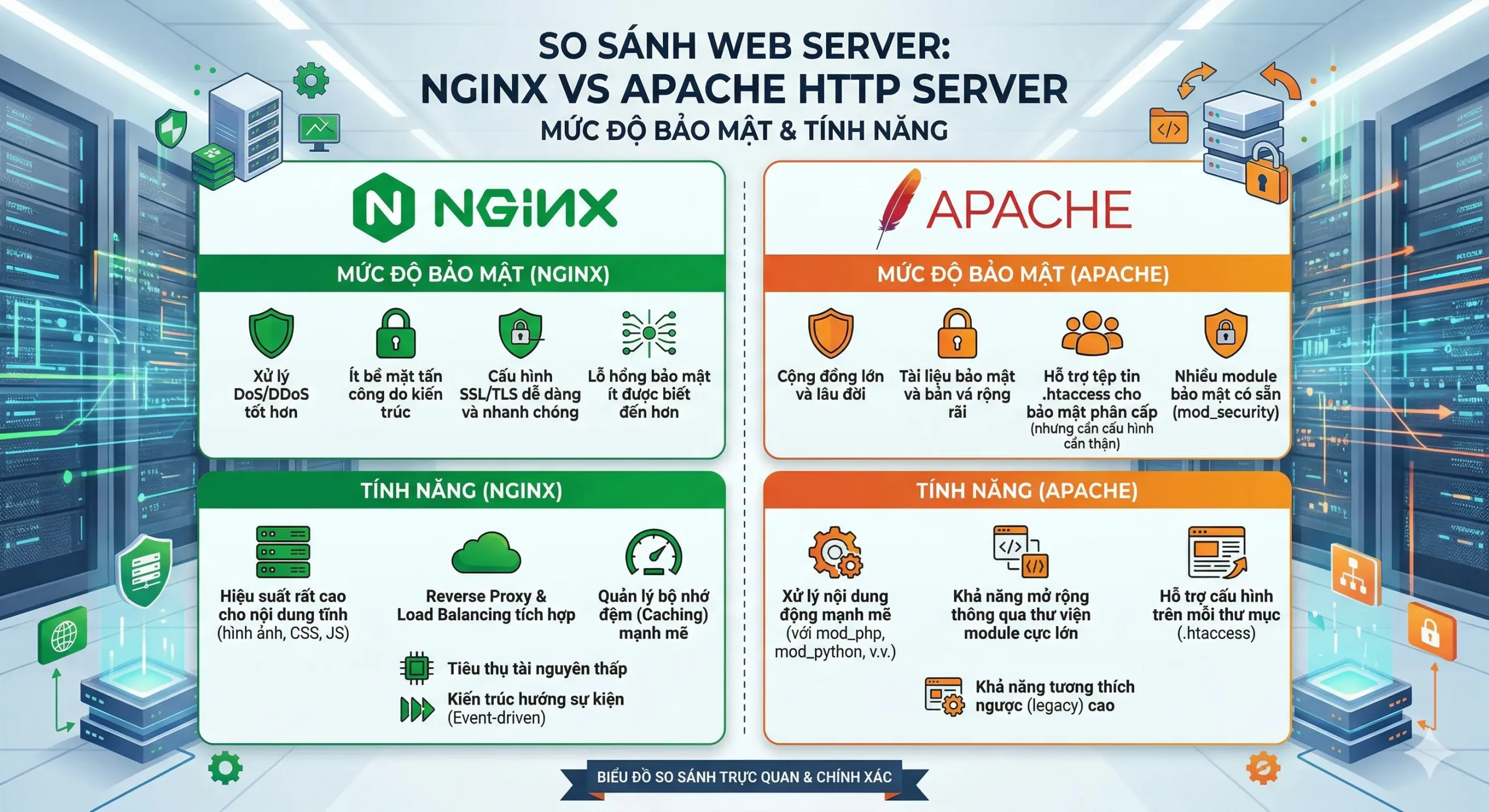 So sánh mức độ bảo mật và tính năng giữa Nginx và Apache