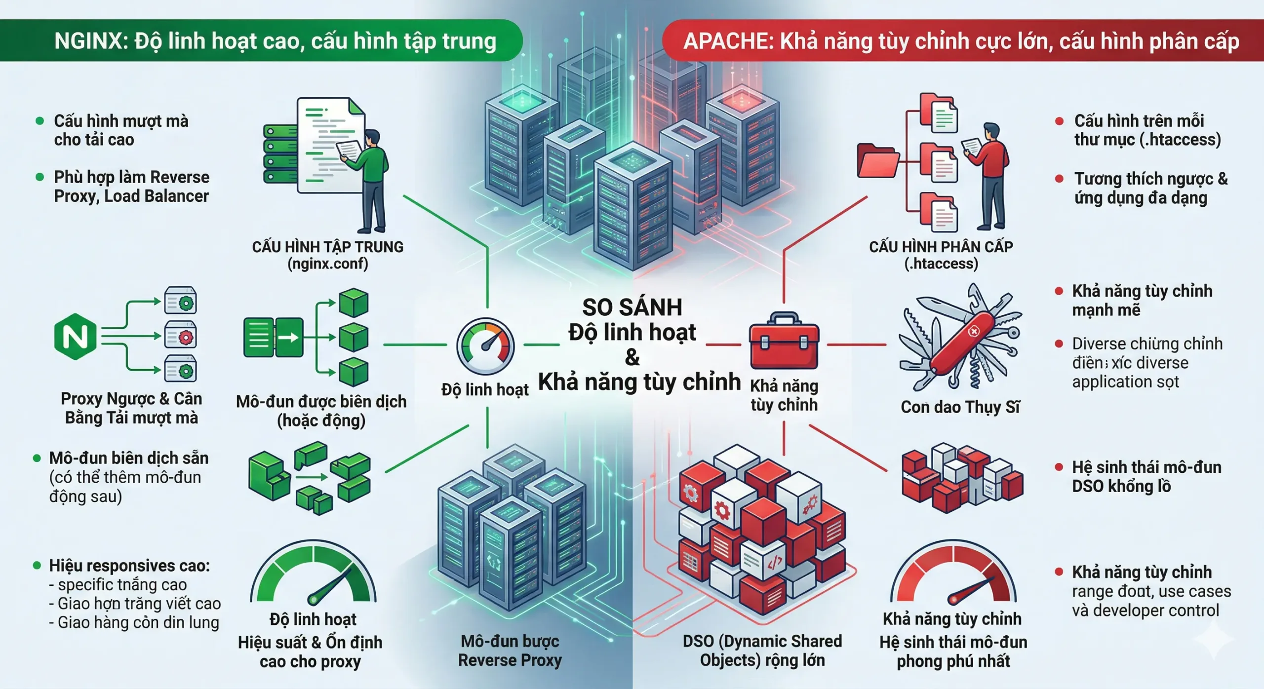 So sánh độ linh hoạt và khả năng tủy chỉnh giữa Nginx và Apache